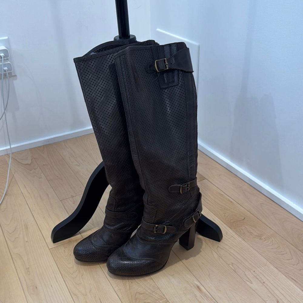 Dark Chocolate Brown Belstaff High Heeled Boots Brass details